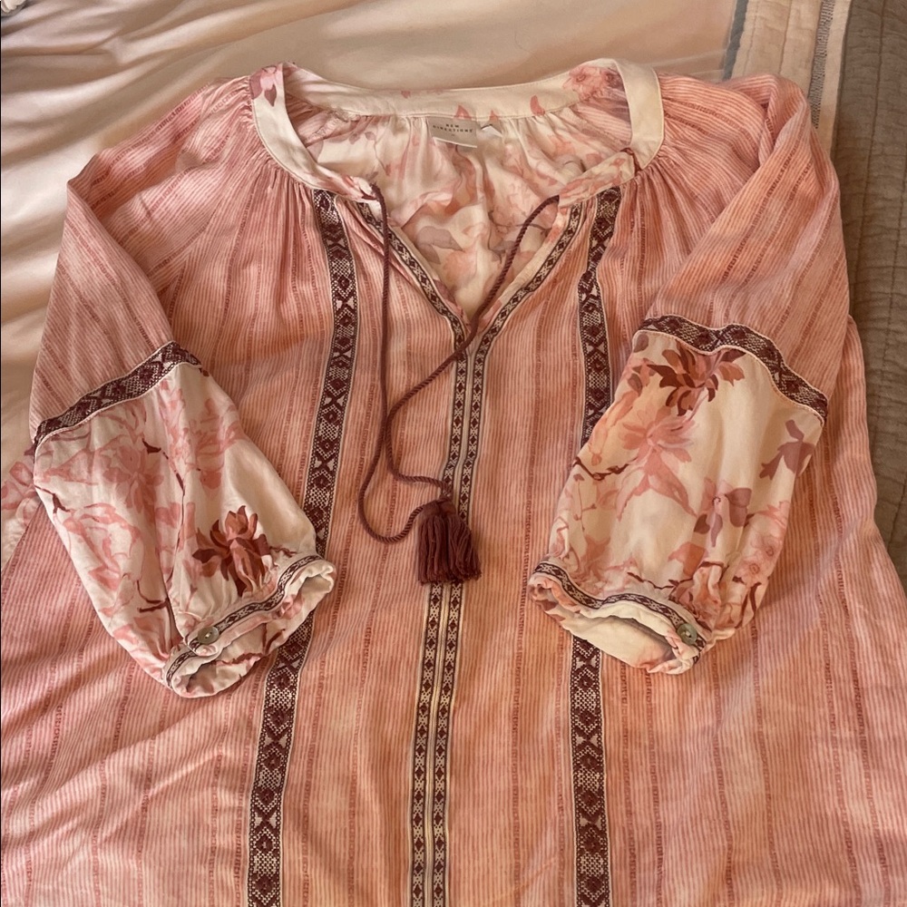 New Directions Pink Floral Blouse with Tassel